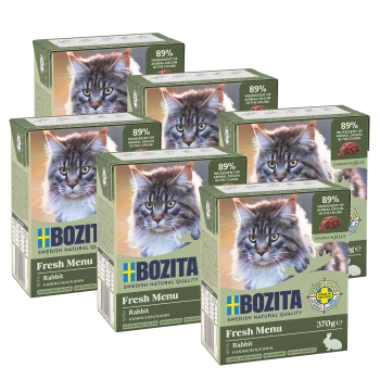 Sześć pudełek karmy dla kotów Bozita Fresh Menu, z kotem rasy Maine Coon na froncie, oznaczone "Rabbit" z 89% składników pochodzenia zwierzęcego.