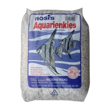 Un sac de 25 kg de gravier d'aquarium Rosi's Aquarienkies avec des illustrations de poissons et du texte allemand sur les avantages de la purification de l'eau et de la croissance des plantes.