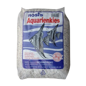 Ein 25 kg Sack Rosi's Aquarienkies mit Fischillustrationen und deutschem Text über die Vorteile der Wasserreinigung und des Pflanzenwachstums.