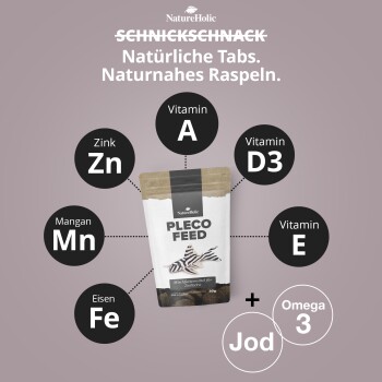 NatureHolic PLECO FEED-Beutel mit Zebrapleco-Motiv, umgeben von Nährstoff-Icons: Vitamin A, D3, E, Zn, Mn, Fe, Jod, Omega‑3