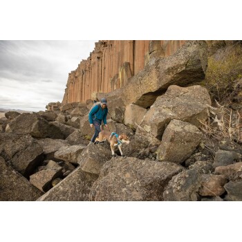 Eine Person in einer blauen Jacke und grauen Hosen geht auf felsigem Terrain neben einem braun-weißen Hund mit einem Geschirr.