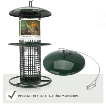 Grüner Drahtgitter-Erdnussfütterer für Vögel, beschriftet mit einem Rotkehlchenbild und "Futtersspender für Erdnüsse", enthält ein Aufhänggerät.
