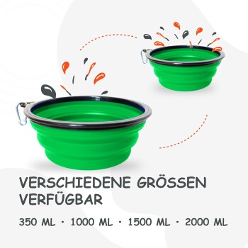 Grüne zusammenklappbare Futternäpfe für Haustiere mit Karabinerhaken, erhältlich in den Größen 350 ml, 1000 ml, 1500 ml und 2000 ml.