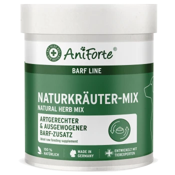 Behälter mit AniForte Naturkräuter-Mix, einer natürlichen Kräutermischung für Hunde, gekennzeichnet als "Ideales Rohfutterergänzungsmittel", hergestellt in Deutschland.