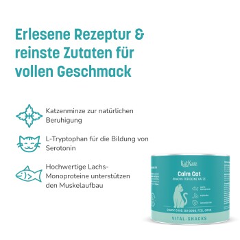 Vergleichstabelle der KatKare Calm Cat Snacks mit Hervorhebung von Abonnementvorteilen, Gesundheitsvorteilen, Einzelprotein und Probiotika.