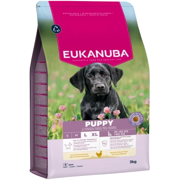 Sac de nourriture pour chiots Eukanuba Puppy, 3 kg, riche en poulet frais, pour chiots de 1 à 14 mois, favorise l'apprentissage et le développement osseux.