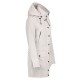 Hellgraue Damenjacke mit Kapuze, mit schwarzen Knöpfen, einer Reißverschlusstasche und zwei Fronttaschen, von der Seite gezeigt.