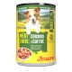 Dose Josera Adult-Hundefutter mit Aufschrift 'Meat Lovers - Chicken with Carrot', Foto eines lächelnden Hundes und eine Futterschüssel.