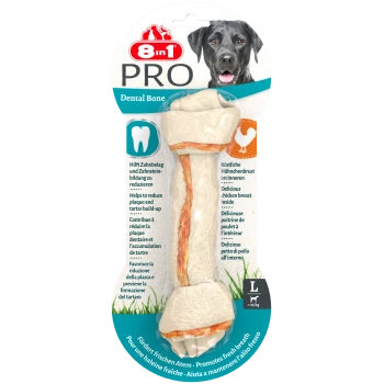 8in1 PRO Dental Bone für Hunde, mit einer Füllung aus Hähnchenbrust, fördert frischen Atem und reduziert Plaque- und Zahnsteinbildung.