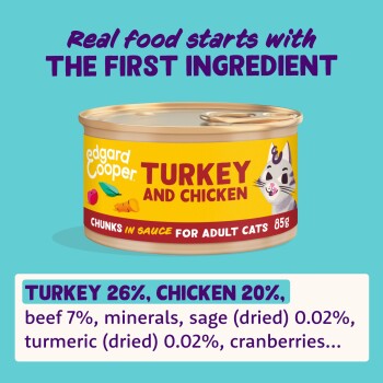 Edgard Cooper Turkey & Chicken canned cat food; 'Real food starts with THE FIRST INGREDIENT'; 'TURKEY 26%, CHICKEN 20%'.
