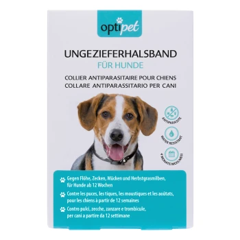 Antiparasitäres Halsband für Hunde mit Beagle-Verpackung, mit Text über Floh-, Zecken- und Mückenabwehr für Hunde über 12 Wochen.