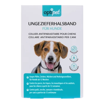 Antiparasitäres Halsband für Hunde mit Beagle-Verpackung, mit Text über Floh-, Zecken- und Mückenabwehr für Hunde über 12 Wochen.