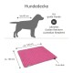 Rosa gestepptes Hundedecke mit grauem Rand, beschriftet mit "sauber | hygienisch | pflegeleicht," maschinenwaschbar bis 95°C, trocknergeeignet.