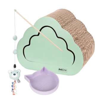 Minzgrüner, wolkenförmiger Kratzbaum, beige strukturierte Oberfläche, Holzspielzeug, pastelllila Katzenschüssel und farbenfrohes Bärchen-Spielzeug.