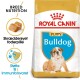 Torba z jedzeniem Royal Canin dla szczeniąt rasy Bulldog z obrazkiem szczeniaka, z tekstem podkreślającym odżywianie rasy i wsparcie odporności.