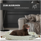 Ein entspannter brauner Hund liegt auf einem gemütlichen, gestrickten Haustierbett in einem stilvollen Wohnzimmer, mit dem Text "ZUM AUSRUHEN" und "zum kuscheln und entspannen" darüber.
