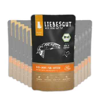 Liebesgut Beutel mit Bio-Lachs-Katzenfutter, beschriftet "Bio-Lachs für Katzen", mit BIO-Logo, dem Text "Hergestellt in Deutschland" und Ernährungssymbolen.