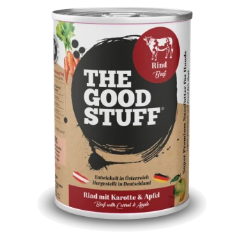 Dose Tierfutter mit Aufschrift 'THE GOOD STUFF — Rind (Beef)' mit Karotte und Apfel, Kuh-Symbol