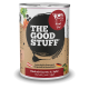 Dose Tierfutter mit Aufschrift 'THE GOOD STUFF — Rind (Beef)' mit Karotte und Apfel, Kuh-Symbol
