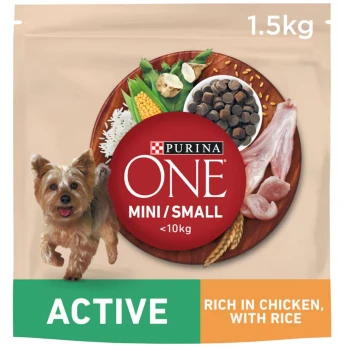 Purina ONE Mini/Small dog food, 1.5kg, vibrant packaging with chicken, rice, and veggies, labeled "ACTIVE" and "RICH IN CHICKEN."