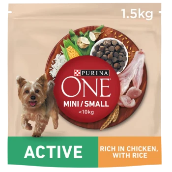 Purina ONE Mini/Small dog food, 1.5kg, vibrant packaging with chicken, rice, and veggies, labeled "ACTIVE" and "RICH IN CHICKEN."