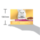 Boîte Purina Gourmet Gold Double Délice Luxe Mix pour chat avec chat blanc à poils longs et assiette de nourriture humide sur fond doré