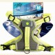 Neon-gelb-graues afp-Leuchtgeschirr für Hunde mit mittiger LED, D-Ring und Schnallen; auf der Verpackung steht 'Light Up Harness' und 'M'.