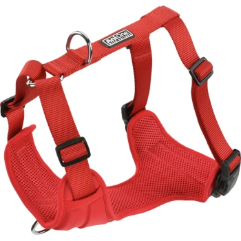 Rotes verstellbares Hundegeschirr mit gepolstertem Mesh-Brustteil und schwarzen Schnallen, beschriftet mit „Antone Pet Life“.