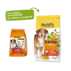 Deux paquets de nourriture pour chiens MultiFit : 3 kg "BENISSIMO ADULT mit RIND und GEMÜSE" à gauche, 4 kg avec image de chien à droite. Texte : "Neues DESIGN, gleiche QUALITÄT."