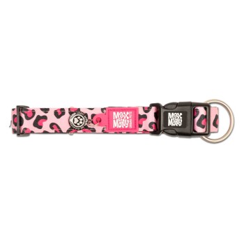 Pink-schwarzes Leopardenmuster-Halsband mit schwarzer Schnalle, Metallring und „Max & Molly Urban Pets“ Logoanhängern.