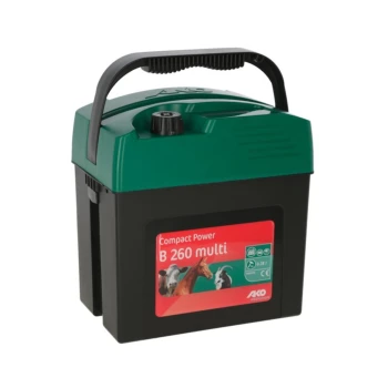 Schwarzer und grüner Elektrozaun-Energizer mit der Bezeichnung "Compact Power B 260 multi" und Bildern von einer Kuh, einem Pferd und einer Ziege.