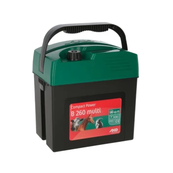 Schwarzer und grüner Elektrozaun-Energizer mit der Bezeichnung "Compact Power B 260 multi" und Bildern von einer Kuh, einem Pferd und einer Ziege.