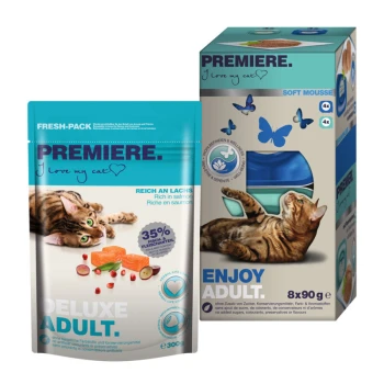 Adult Mischfütterungs-Set 2tlg. Haustierfutterverpackung: ein blauer Beutel 'PREMIERE. I love my cat' mit Lachs und eine Schachtel 'ENJOY ADULT' mit einer Katze, die 'Soft Mousse' zeigt.