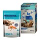 Haustierfutterverpackung: ein blauer Beutel 'PREMIERE. I love my cat' mit Lachs und eine Schachtel 'ENJOY ADULT' mit einer Katze, die 'Soft Mousse' zeigt.