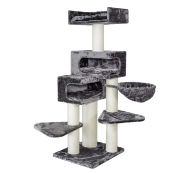 Grauer mehrstöckiger Katzenbaum mit plüschigen Plattformen, Kratzpfosten und gemütlichen Verstecken für Katzen zum Spielen und Ausruhen.