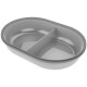 Eine graue, ovalförmige Haustierfutterschüssel mit einem Trennstück in der Mitte, entworfen zum Servieren von zwei Arten von Futter oder Wasser.