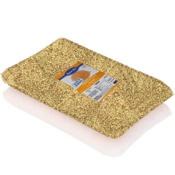 Haferflocken 10 kg Ein Paket mit natürlicher Einstreu aus goldenen Haferflocken, mit einem Etikett mit Produktinformationen und Nährwertangaben.