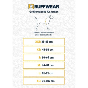 Größentabelle für Ruffwear-Jacken, die Maße in Zentimetern für Hundgrößen XXS bis XL zeigt, mit einer Illustration eines Hundes.