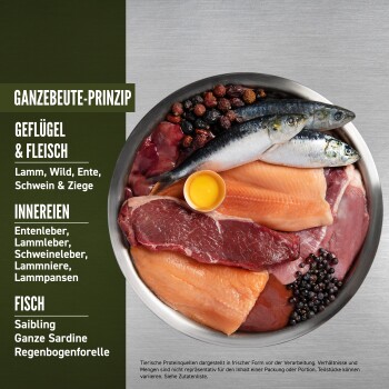Eine Edelstahlschüssel mit rohem Fleisch – Fisch, Geflügel, Innereien – garniert mit einem Eigelb, mit Etiketten für jede Art.