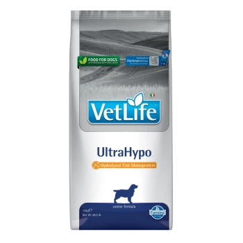 Beutel VetLife UltraHypo Hundefutter — hydrolysiertes Fisch-Monoprotein-Formel, mit 'Food for Dogs'-Label