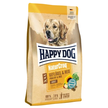 Happy Dog NaturCroq Hundefutterbeutel mit einem Golden Retriever auf der Vorderseite, beschriftet mit "Geflügel & Reis" für Erwachsene.