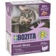 Verpackung für Katzenfutter mit einer neugierigen Katze, beschriftet "BOZITA Fresh Menu Turkey", mit dem Hinweis "89 % Zutaten tierischen Ursprungs."
