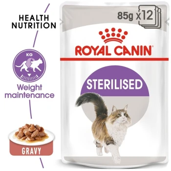 Royal Canin Sterilised cat food bag with a running cat illustration, "Health Nutrition," "Weight Maintenance" labels, and a kibble dish.