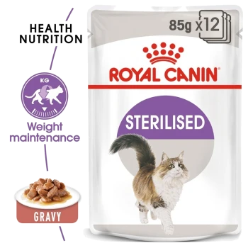 Royal Canin Sterilised cat food bag with a running cat illustration, "Health Nutrition," "Weight Maintenance" labels, and a kibble dish.