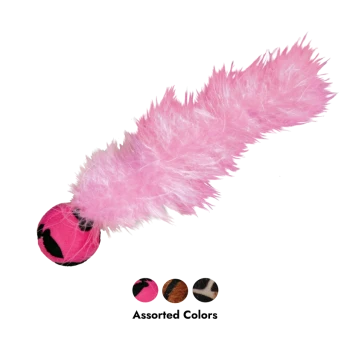 Jouet pour chat à plumes roses avec balle en peluche et longue queue duveteuse, présenté avec des nuanciers et le texte «Couleurs assorties».
