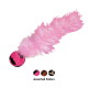 Rosa gefiedertes Katzenspielzeug mit Plüschball und langem flauschigem Schwanz, gezeigt mit Farbmuster und der Aufschrift 'Assorted Colors'.