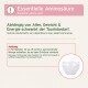 Infografik über die essentielle Aminosäure Taurin auf Deutsch/Englisch, Warnhinweis und Foto einer klaren Schale mit weißem Pulver.