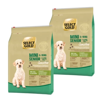 Sensitive Mini Senior Ente & Kartoffel 2x4 kg Zwei Tüten Select Gold Mini Senior Hundefutter, 5-10 kg, mit einem weißen Hund auf der Vorderseite, beschriftet mit "Sensitive" mit Enten- und Kartoffelzutaten.