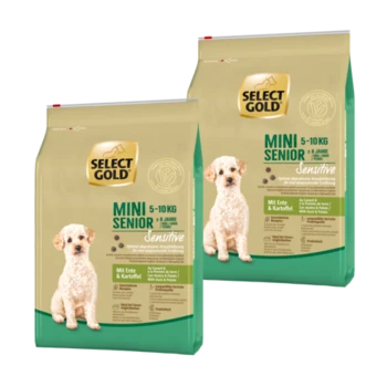 Zwei Tüten Select Gold Mini Senior Hundefutter, 5-10 kg, mit einem weißen Hund auf der Vorderseite, beschriftet mit "Sensitive" mit Enten- und Kartoffelzutaten.
