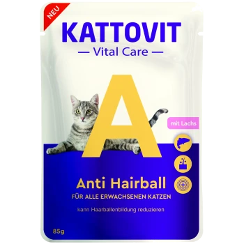Sachet KATTOVIT Vital Care Anti Hairball pour chat (85 g) avec image de chat, grand 'A' jaune et textes visibles 'mit Lachs' et 'NEU'.